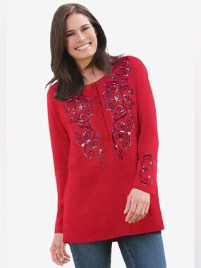 Woman Within Red Embroidered Henley Tunic Top - Size 2X (26/28)